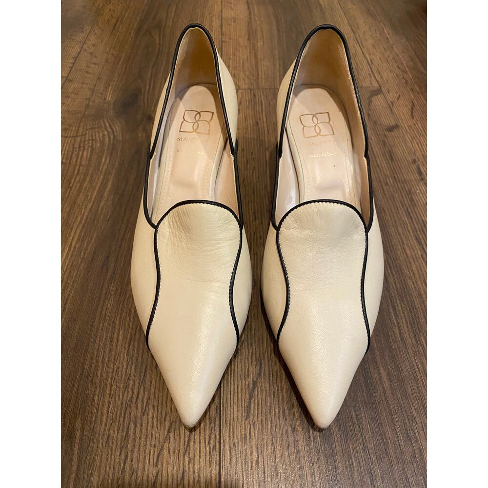 LIKE NEW Mavette Fiona Loafers Pointed Toe Block Heel Ivory/Black Trim EU 38.5 - Picture 6 of 15